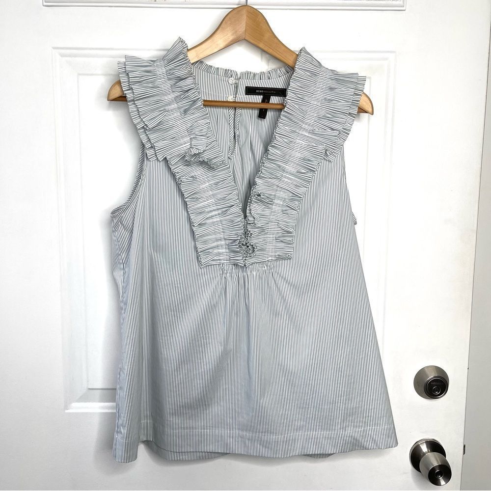 BCBGMaxAzria Blue and White Ruffled Bib Collar Blouse